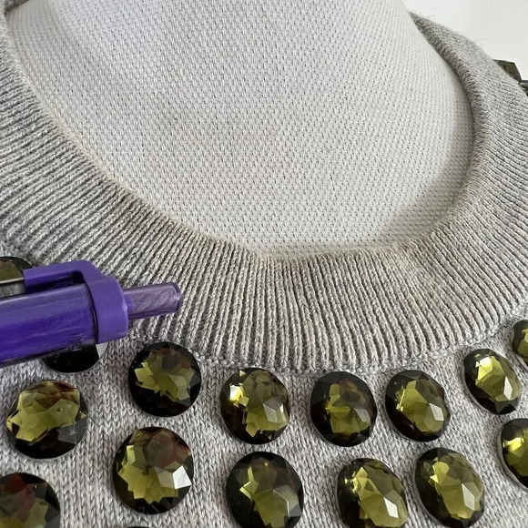 DG2 Gray Cold Shoulder Sweater Rhinestone Embellished Neckline Bling Small - Picture 6 of 8